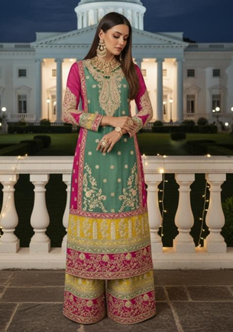 Teal Green Embroidery Chinon Silk Kurta Set