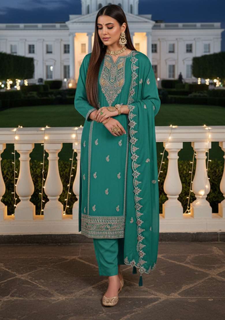 Deep Turquoise Embroidered Chinon Pakistani Suit Set - Indya