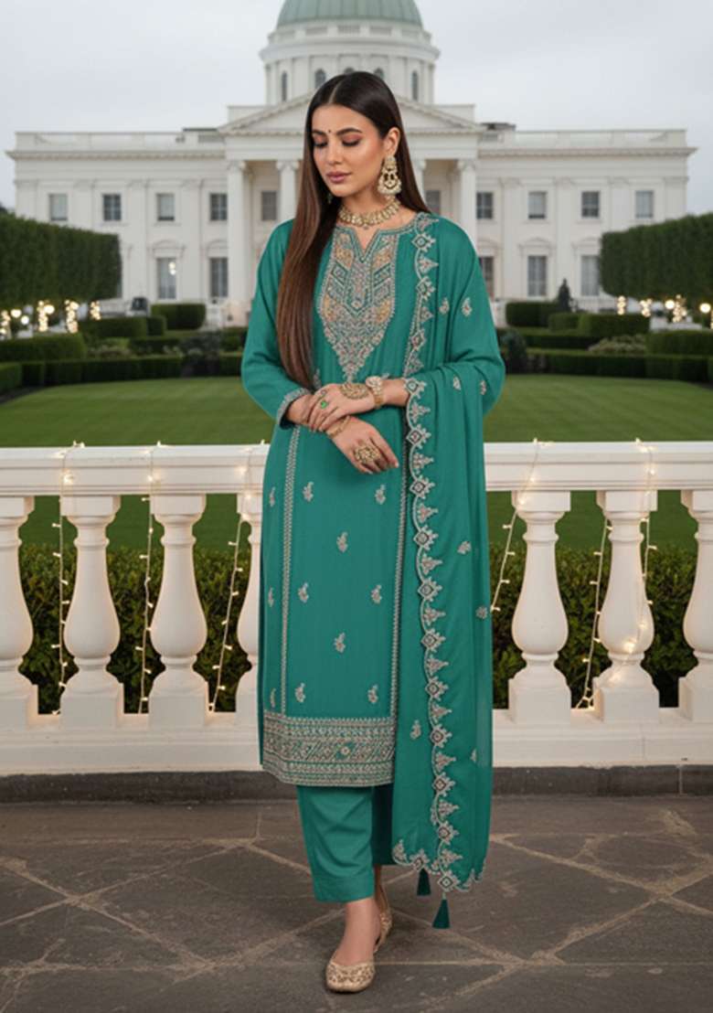 Deep Turquoise Embroidered Chinon Pakistani Suit Set - Indya