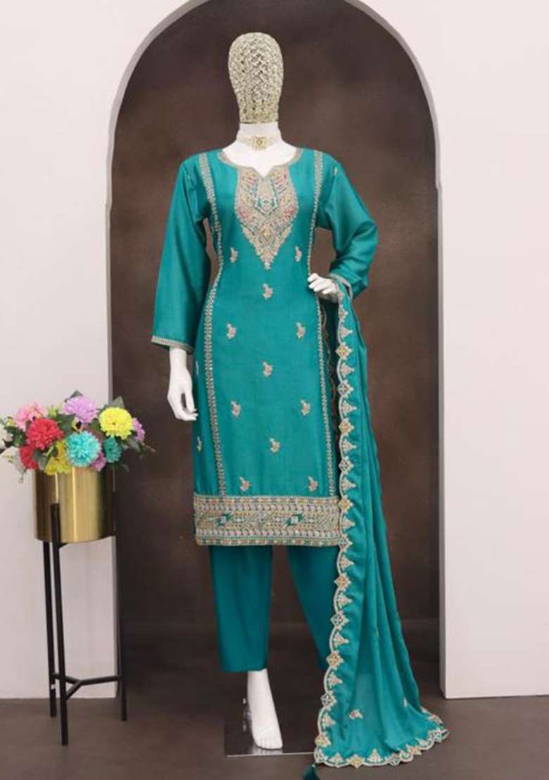 Deep Turquoise Embroidered Chinon Pakistani Suit Set - Indya