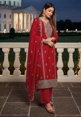 Crimson Red Embroidery Chinon Silk Kurta Set