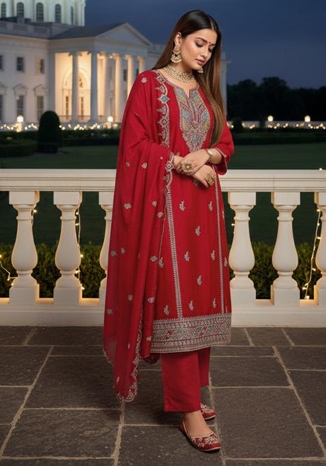 Crimson Red Embroidery Chinon Silk Kurta Set