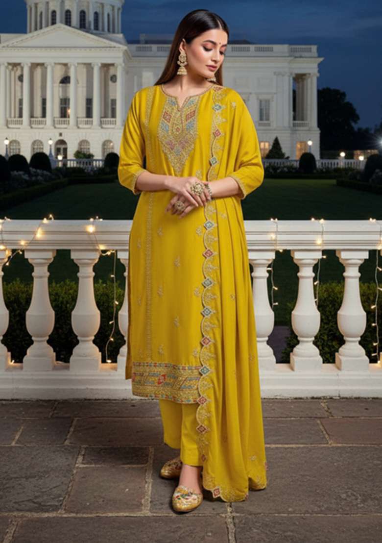 Mustard Yellow Embroidered Chinon Straight Kurta Set - Indya