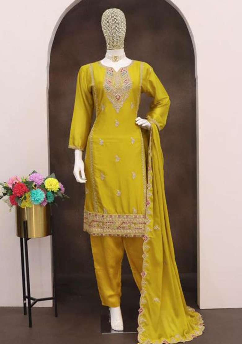 Mustard Yellow Embroidered Chinon Straight Kurta Set - Indya