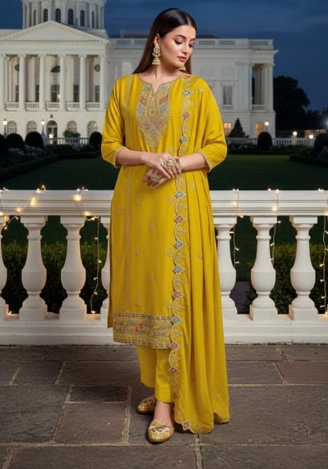Mustard Yellow Embroidery Chinon Silk Kurta Set