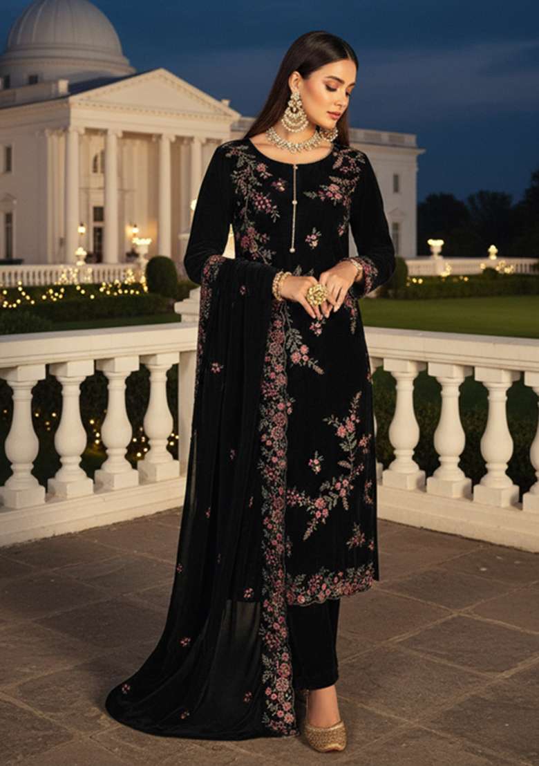 Black Embroidered Velvet Pakistani Suit Set - Indya