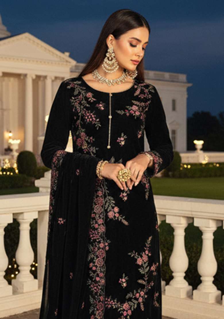 Black Embroidered Velvet Pakistani Suit Set - Indya