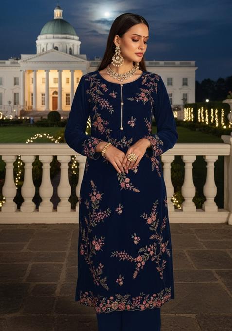 Navy Blue Embroidery Velvat Kurta Set