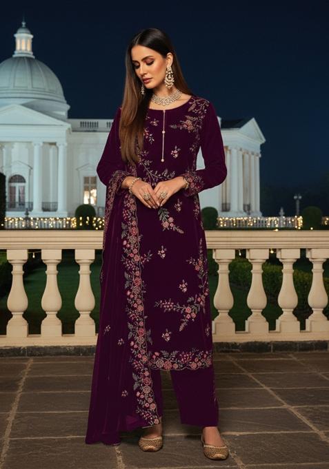 Deep Plum Embroidery Velvat Kurta Set
