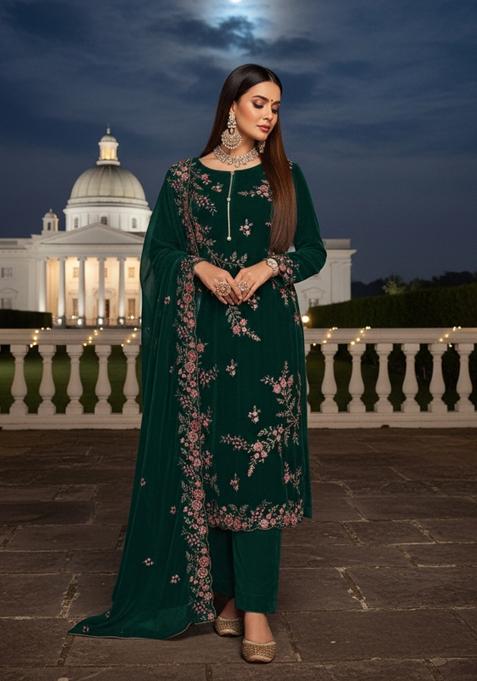 Forest Green Embroidery Velvat Kurta Set