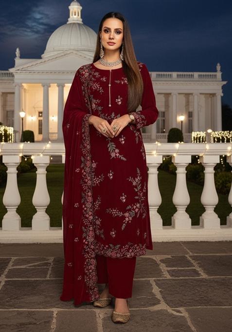 Deep Maroon Embroidery Velvat Kurta Set