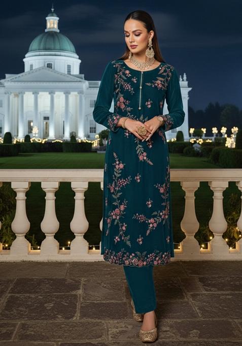 Peacock Blue Embroidery Velvat Kurta Set