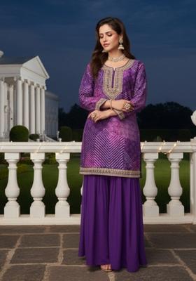 Rich Purple Embroidery Chinon Kurta Set