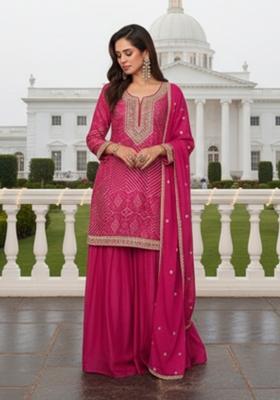 Deep Pink Embroidery Chinon Kurta Set