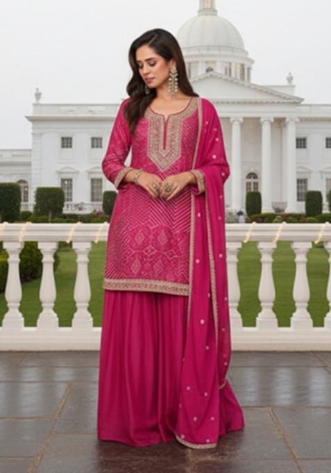 Deep Pink Embroidery Chinon Kurta Set