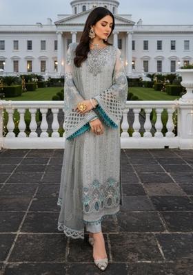 Dusty Blue Embroidered Georgette Pakistani Suit Set