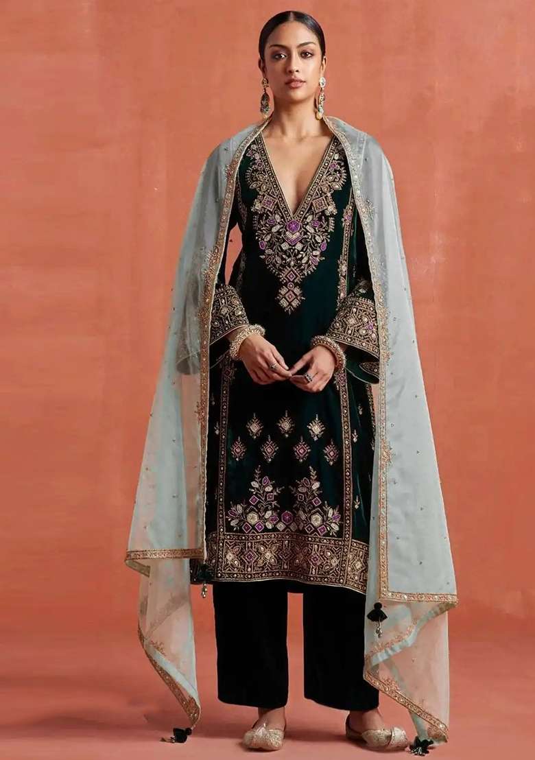 Black Embroidery Velvet Salwar Suit Set - Indya