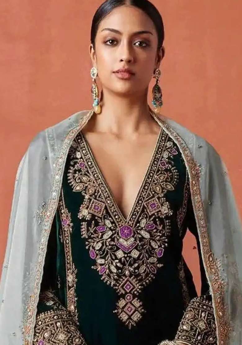 Black Embroidery Velvet Salwar Suit Set - Indya