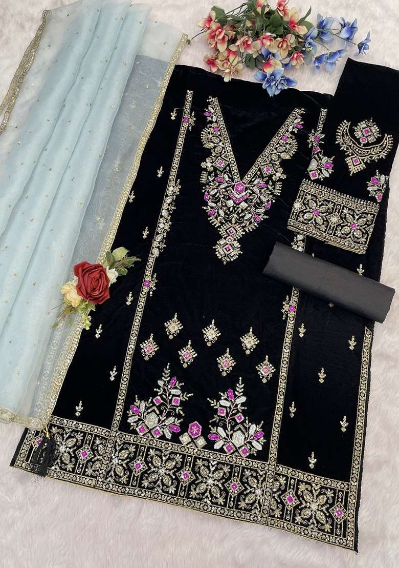 Black Embroidery Velvet Salwar Suit Set - Indya