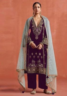 Wine Embroidery Velvet Salwar Suit Set