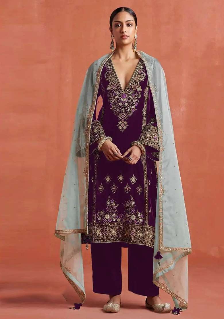 Wine Embroidery Velvet Salwar Suit Set - Indya