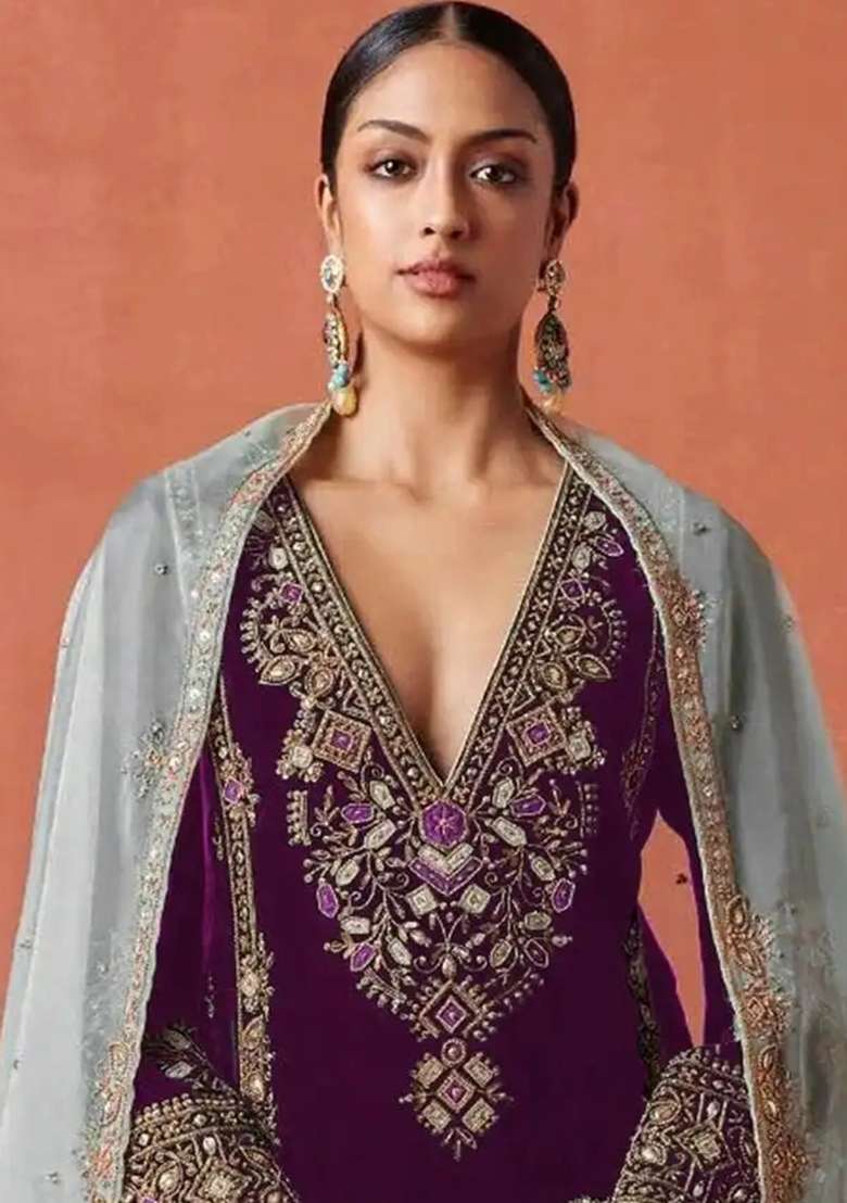 Wine Embroidery Velvet Salwar Suit Set - Indya