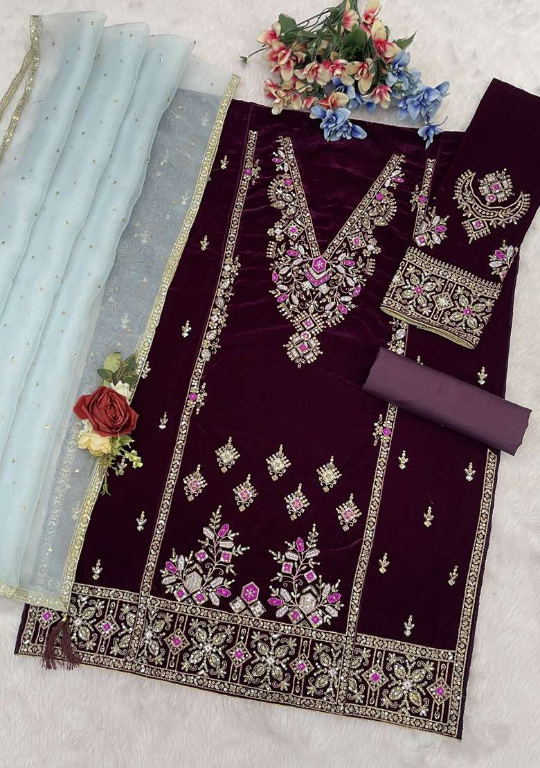 Wine Embroidery Velvet Salwar Suit Set - Indya