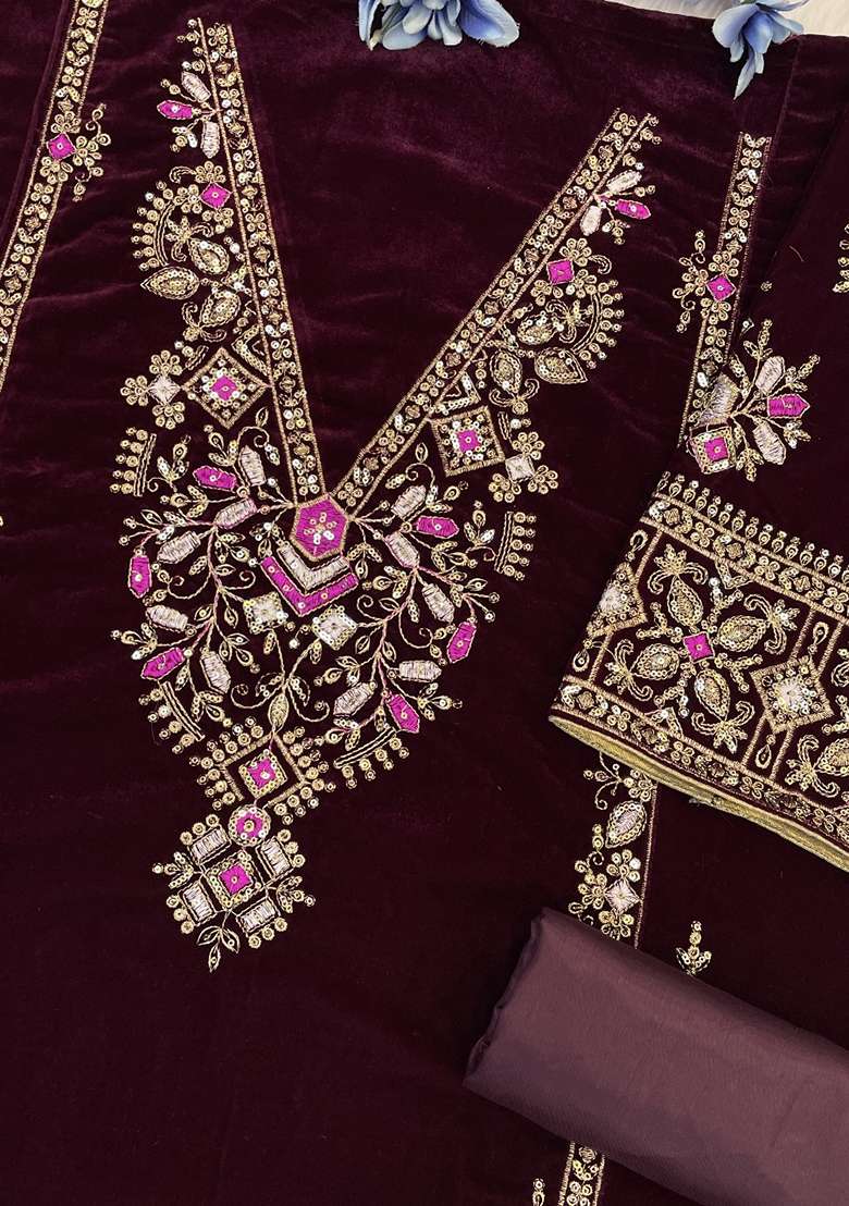 Wine Embroidery Velvet Salwar Suit Set - Indya
