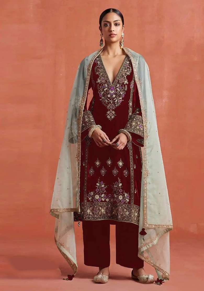 Maroon Embroidery Velvet Salwar Suit Set - Indya
