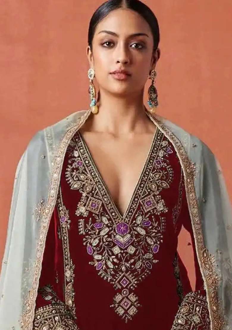 Maroon Embroidery Velvet Salwar Suit Set - Indya