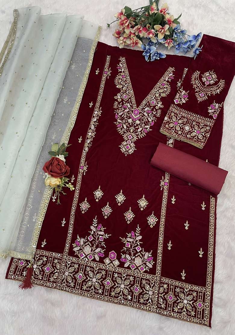Maroon Embroidery Velvet Salwar Suit Set - Indya