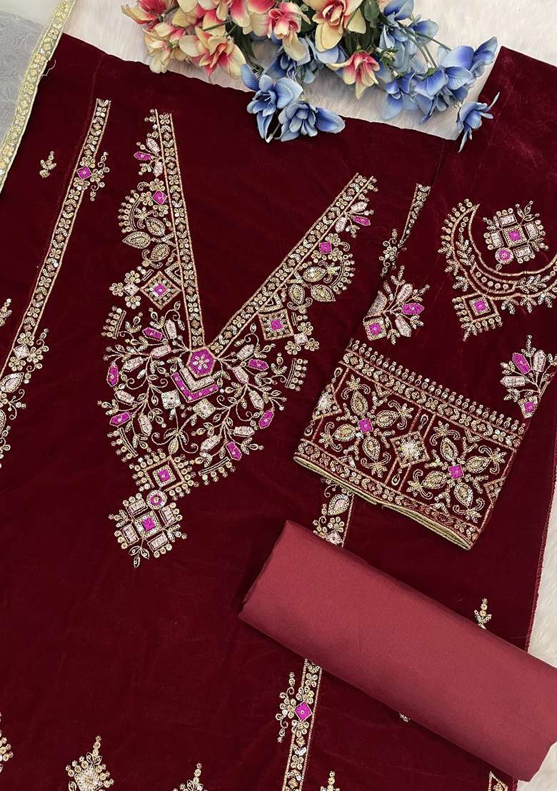 Maroon Embroidery Velvet Salwar Suit Set - Indya