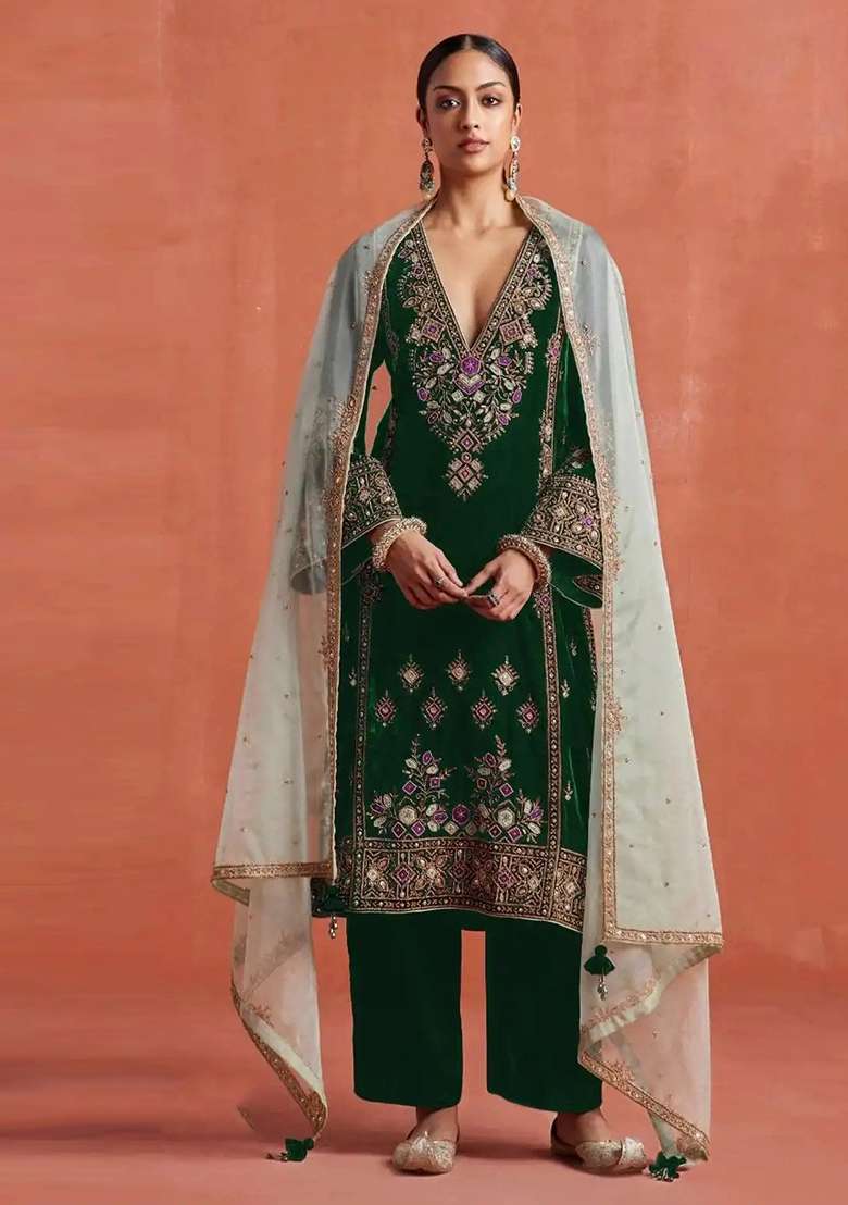 Green Embroidery Velvet Salwar Suit Set - Indya