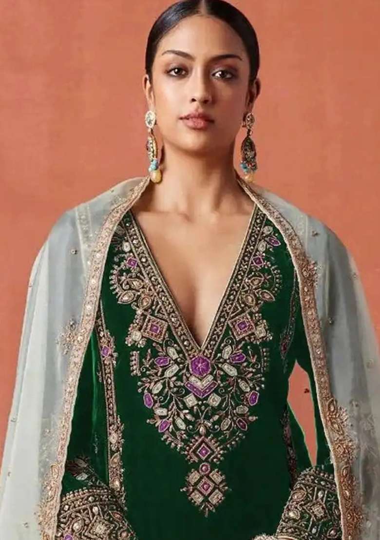 Green Embroidery Velvet Salwar Suit Set - Indya