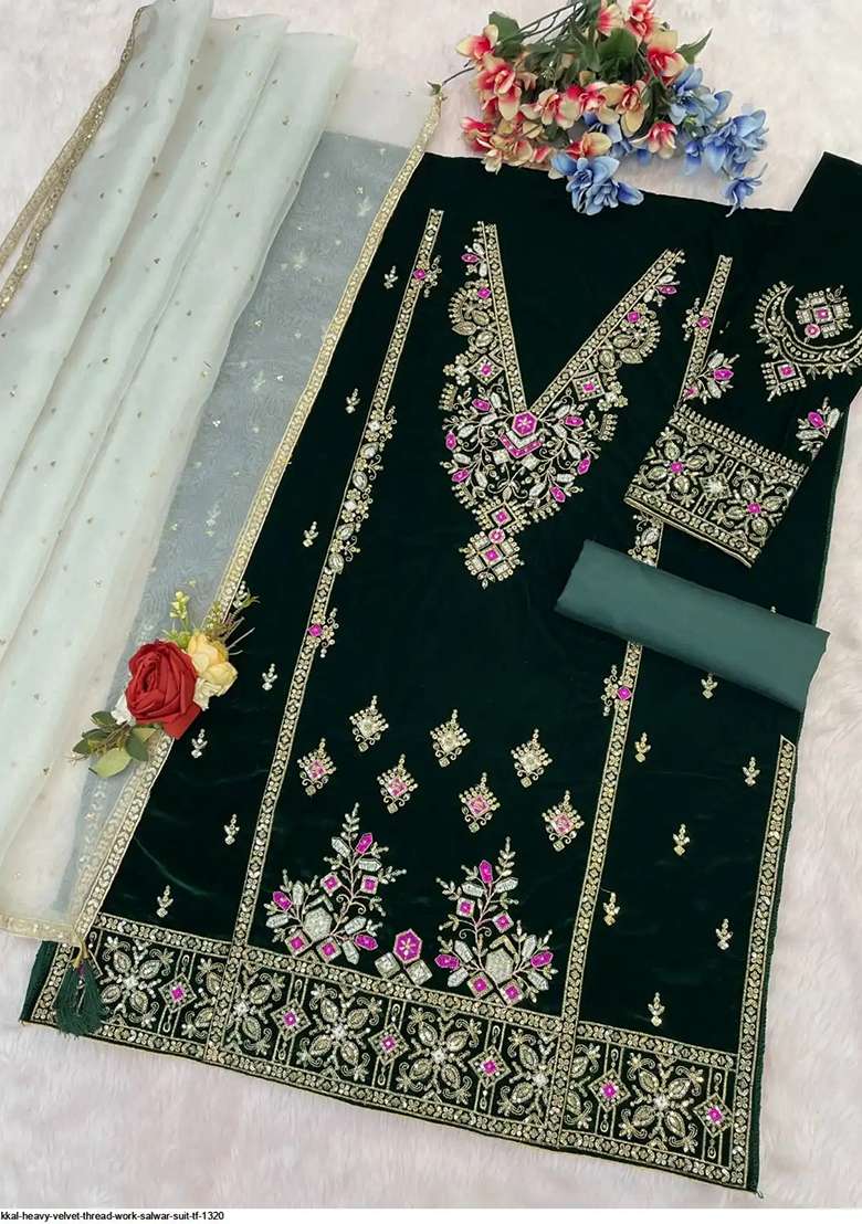 Green Embroidery Velvet Salwar Suit Set - Indya