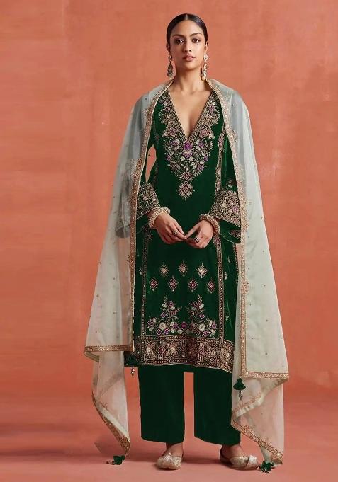 Green Embroidery Velvet Salwar Suit Set