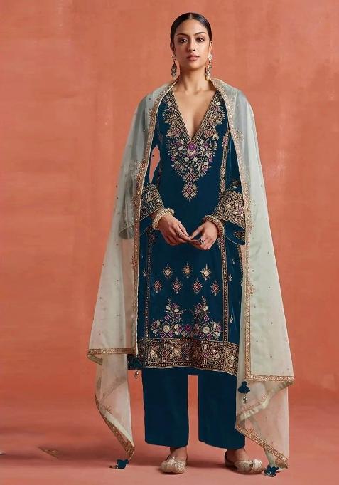 Rama Embroidery Velvet Salwar Suit Set