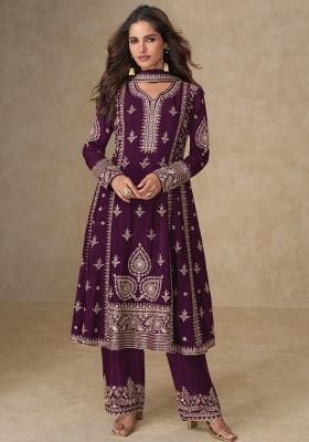 Wine Embroidery Chinon Salwar Suit Set
