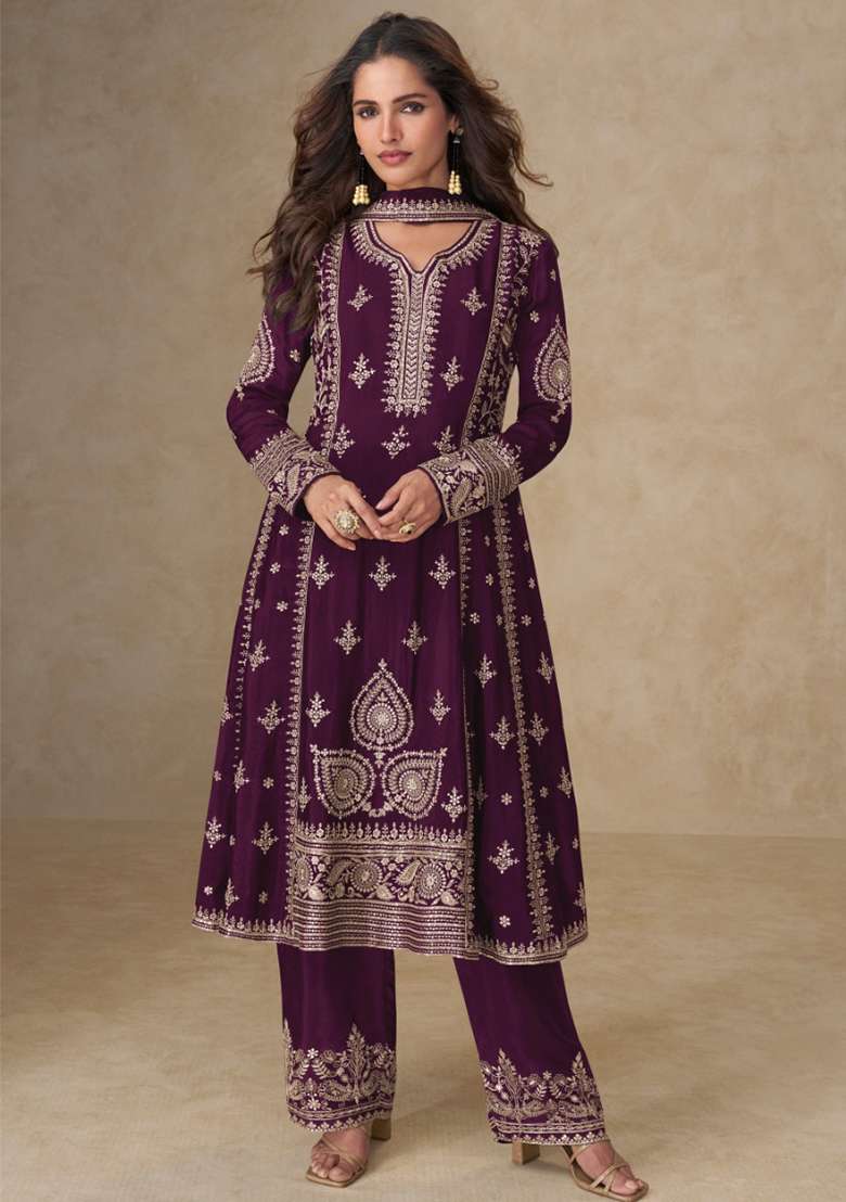 Wine Embroidery Chinon Salwar Suit Set - Indya