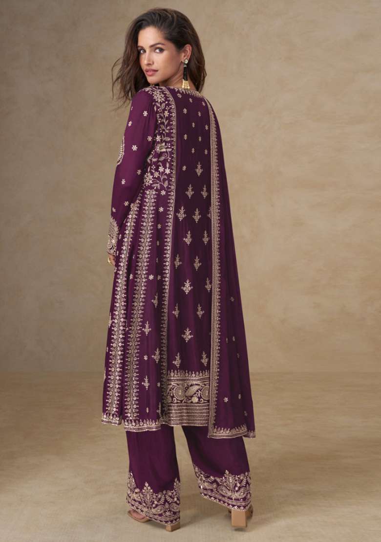 Wine Embroidery Chinon Salwar Suit Set - Indya