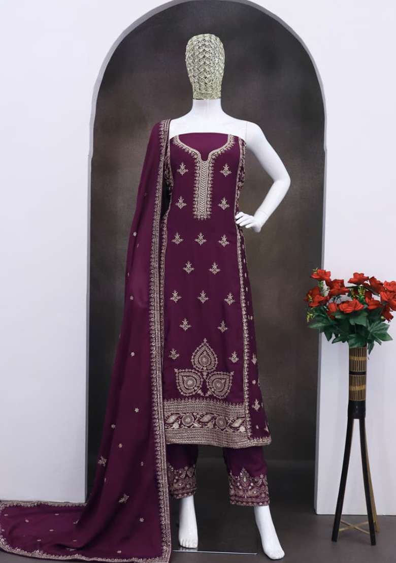 Wine Embroidery Chinon Salwar Suit Set - Indya