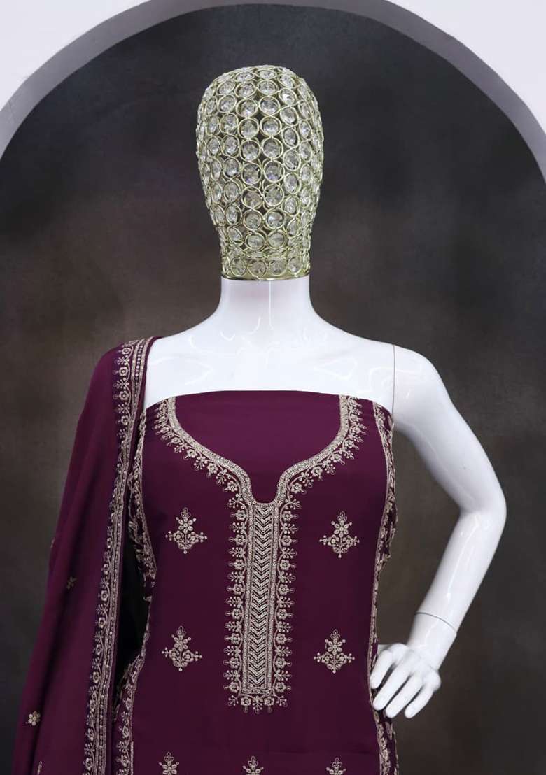 Wine Embroidery Chinon Salwar Suit Set - Indya