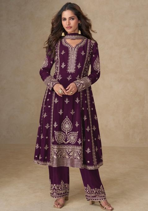 Wine Embroidery Chinon Salwar Suit Set