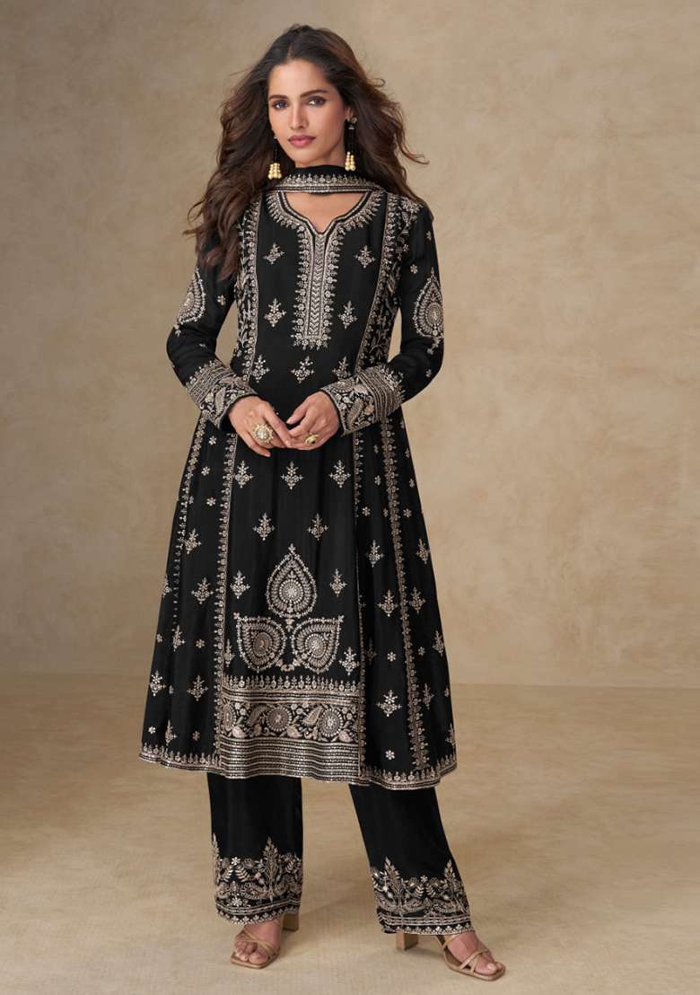Black Embroidery Chinon Salwar Suit Set - Indya