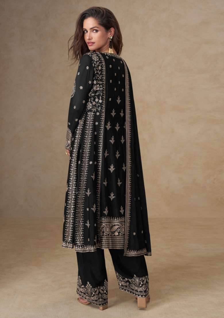 Black Embroidery Chinon Salwar Suit Set - Indya