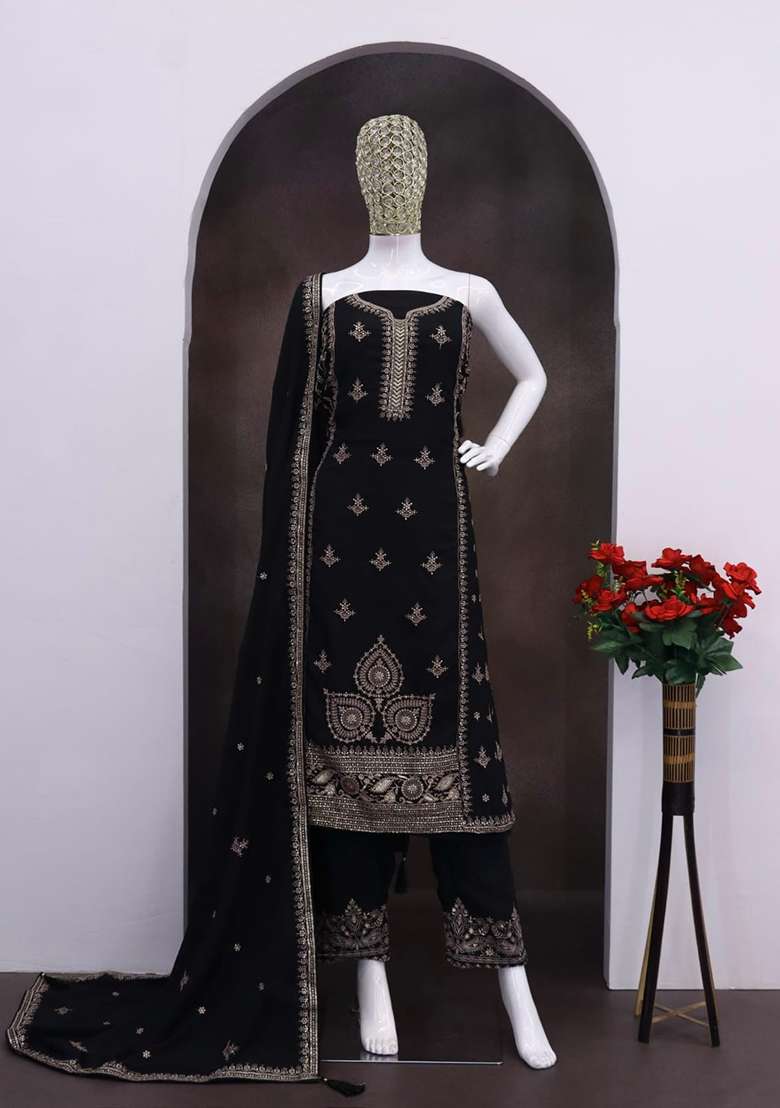 Black Embroidery Chinon Salwar Suit Set - Indya