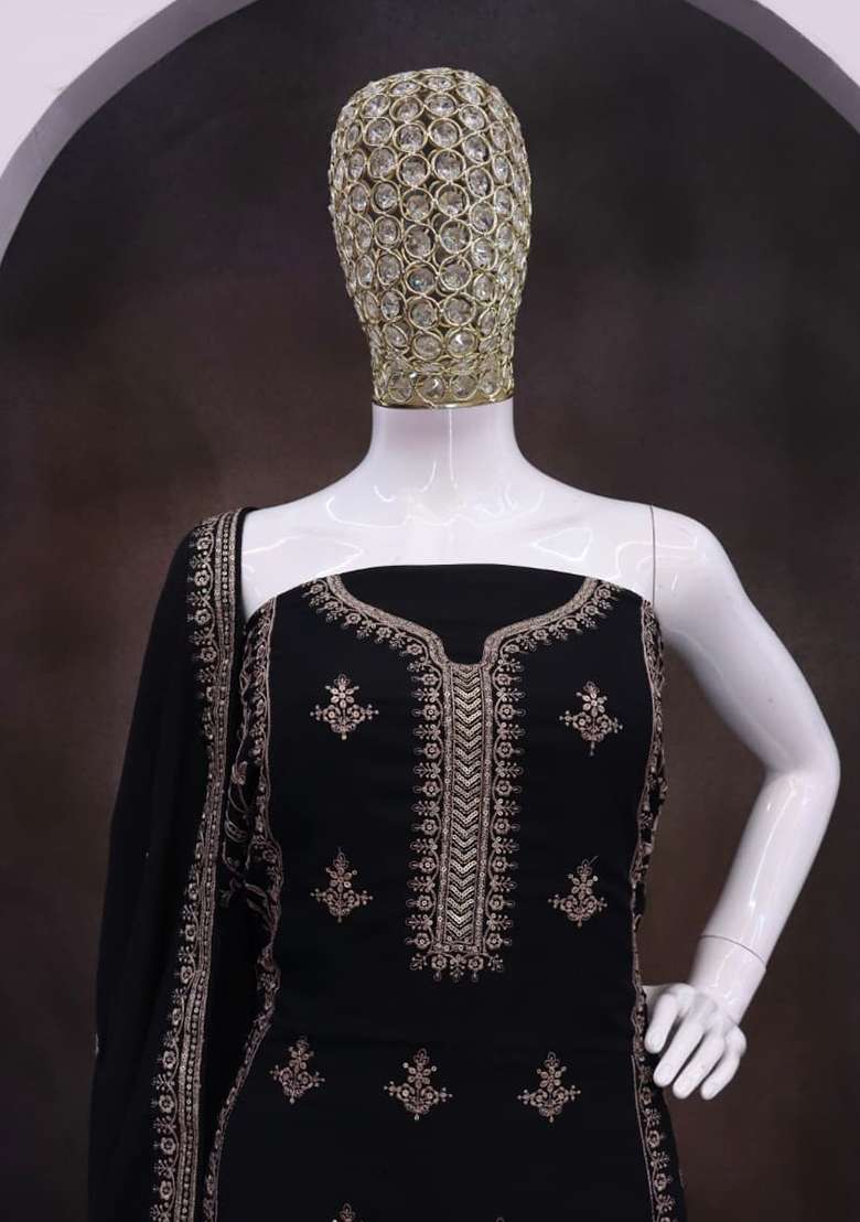 Black Embroidery Chinon Salwar Suit Set - Indya