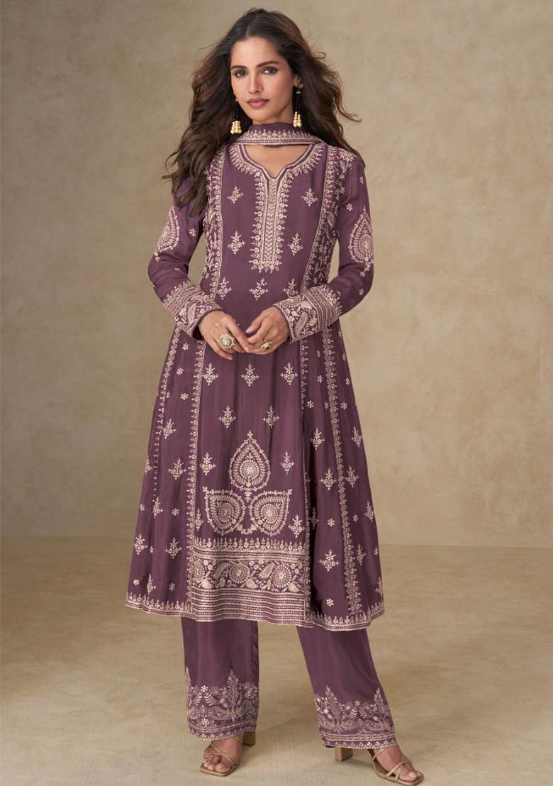 Onion Pink Embroidery Chinon Salwar Suit Set - Indya
