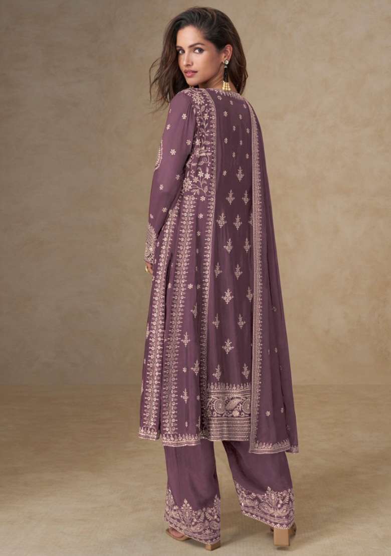 Onion Pink Embroidery Chinon Salwar Suit Set - Indya