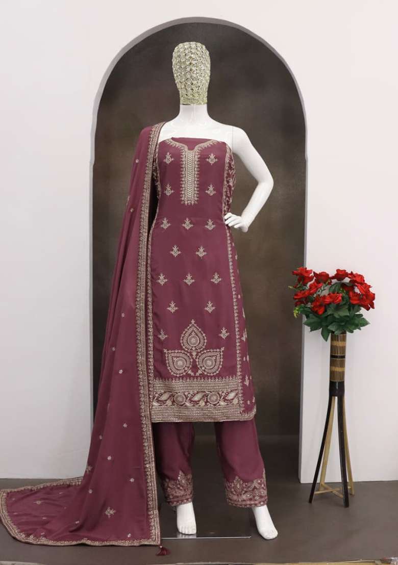 Onion Pink Embroidery Chinon Salwar Suit Set - Indya